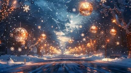 A festive winter wonderland scene with swirling snowflakes and sparkling balls