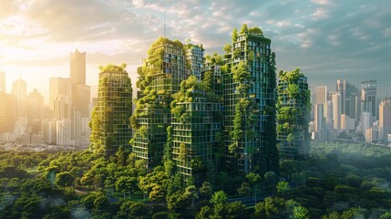 A futuristic depiction of cities implementing sustainable living practices, with green spaces