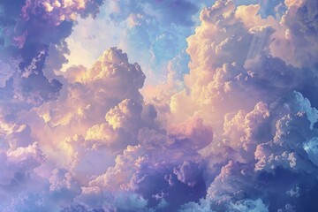 Blue sky with fluffy white clouds. Natural scenery concept