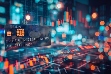 Obraz premium A credit card is displayed on a screen with a lot of numbers and lines generated by AI
