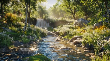 Flowing stream amidst rocky terrain with leaves and rocks. Nature landscape concept - Powered by Adobe