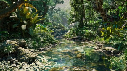 Water flowing through rocky landscape with scattered leaves and rocks. Scenic nature concept