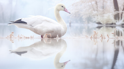 Fototapeta premium Double Exposure, White Background, Snow goose by a pond illustration ~ Created using Generative AI