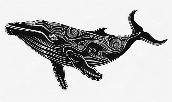 Black silhouette whale with graphic pattern. Marine-themed tattoo design. Print for clothes. stylized shape silhouette keith logo. Marine animals, the underwater world. World ocean day.