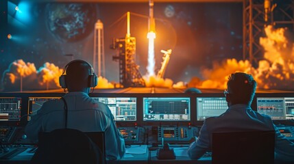 A group of scientists monitoring a rocket launch from a mission control room,