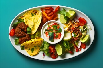 A variety of dishes on a ONE PLATE. Restaurant serving. Top view. mexican food