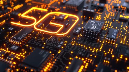 3D rendering of the text "5G" glowing neon on black background with circuit board and data transfer concept, all in yellow orange gradient color with copy space for your design, +