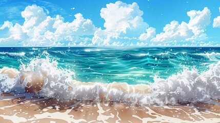 Fototapeta premium A serene beach backdrop featuring waves crashing under a brilliant blue sky.