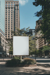 Obraz premium A blank empty canvas poster screen board hanging on a pavement at the city center. 