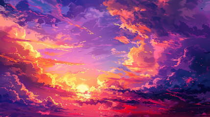 Obraz premium Sky melds vibrant orange, purple, and red hues in a spectacular sunset.