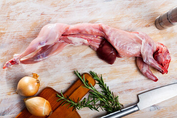 Whole fresh raw rabbit with onion and spices on wooden surface. Healthy dietary food..