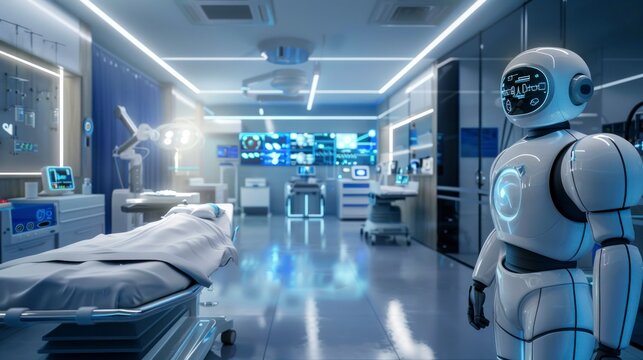 modern robot assistant in a hospital room with high technology and stretchers