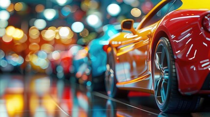 A car showroom with various colorful cars, blurred background, focus on the foreground, car for sale concept, real photo.