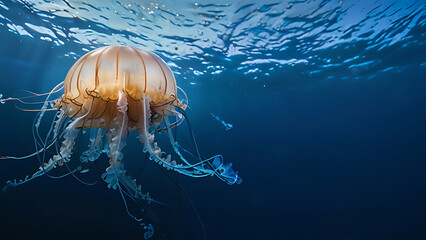 Jellyfish in the deep of ocean. Exotic colorful creature in underwater world. Generative AI.