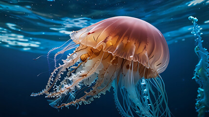 Jellyfish in the deep of ocean. Exotic colorful creature in underwater world. Generative AI.