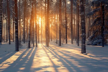 Beautiful winter forest landscape with tall trees covered in snow at sunset. - Powered by Adobe