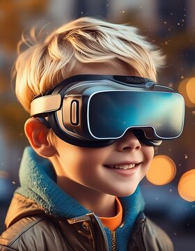 ni&ntilde;o rubio con visor de realidad virtual.  1