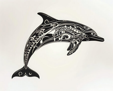 Black silhouette dolphin with graphic pattern. Marine-themed tattoo design. Print for clothes. stylized shape silhouette porpoise logo. Marine animals, the underwater world. World ocean day.