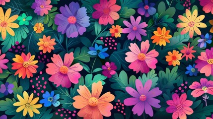 Obraz premium A lively garden blooms with vibrant, contrasting colored flowers.