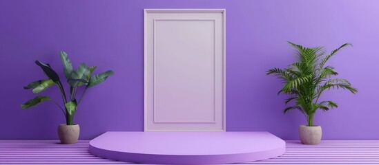 Beige door and abstract podium with sun shade and tropical plant pot. Stage showcase on pedestal glass studio purple background.