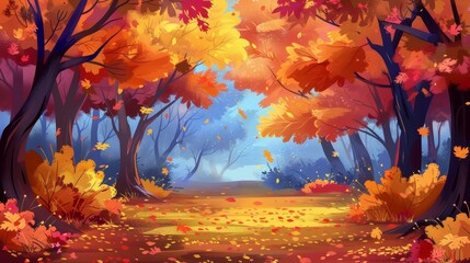 Vibrant autumn colors transform a serene forest into a stunning spectacle.