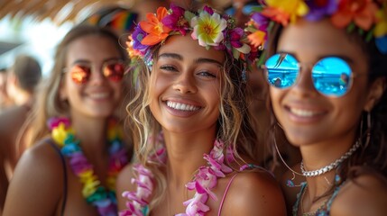 A group of people wearing rainbow leis and flower crowns, celebrating Pride in a tropical setting.