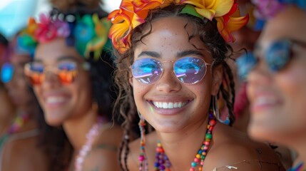 Obraz premium A group of people wearing rainbow leis and flower crowns, celebrating Pride in a tropical setting.