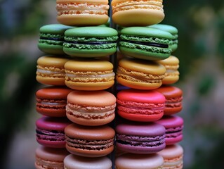 A stack of colorful macarons with different flavors. The macarons are arranged in a pyramid shape,...