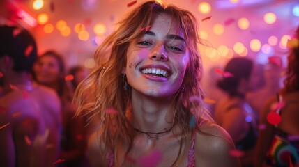 LGBTQA+ , LGBT : A group of people dancing freely at a Pride after-party, with vibrant lights and decorations in the background.