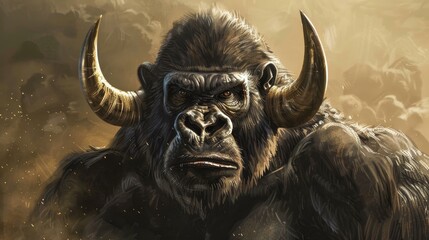 Naklejka premium A mighty gorilla sporting formidable bull horns, exuding strength and fear.
