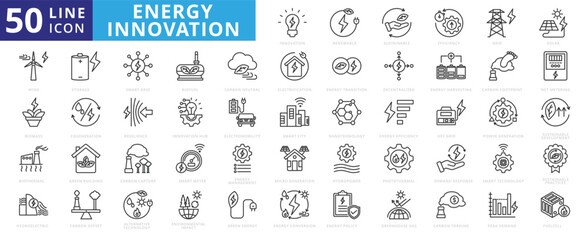 Energy innovation icon set with renewable, sustainable, efficiency, power grid, solar, wind, biothermal and biomass