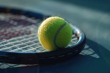 A tennis ball and a tennis racket in the middle of a tennis court.. Sports theme background