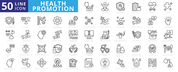 Health Promotion icon set with wellness, prevention, nutrition, exercise, hygiene, immunization, lifestyle and fitness.