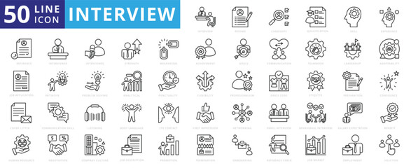 Interview icon set with resume, candidate, qualification, skill, experience, reference, job application and onboarding. 