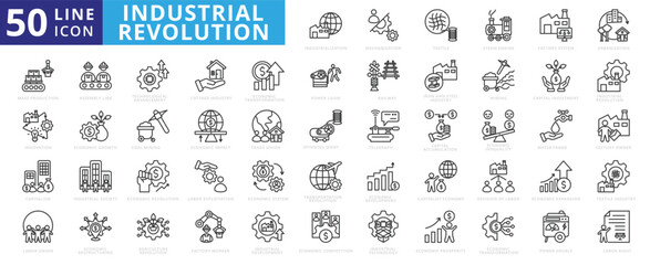 Industrial Revolution icon set with mechanization, textile, steam engine, factory system, urbanization and mass production.