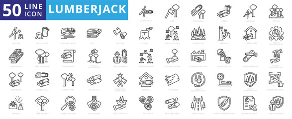 Lumberjack icon set with axe, chainsaw, timber, logging, forest, felling, hardwood, softwood, sawdust and free trunk.