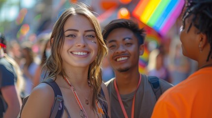 A group of people volunteering at a booth offering free HIV/AIDS testing at a Pride festival, promoting health awareness.