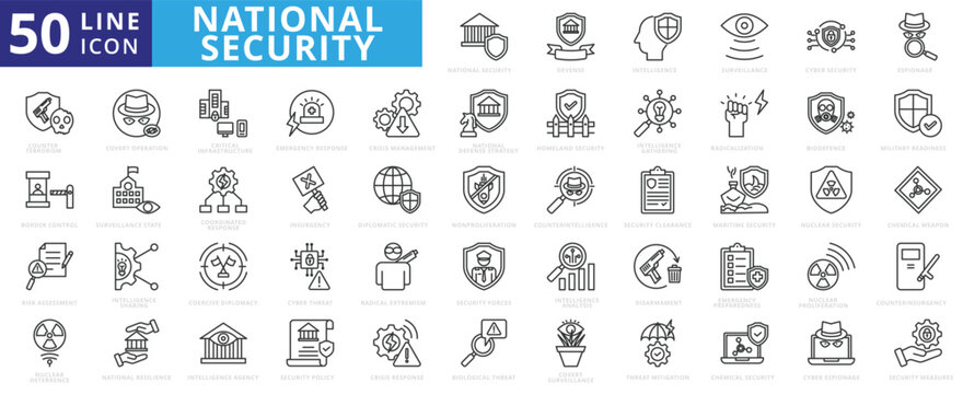 National Security icon set with defense, intelligence, surveillance, cyber security, espionage and counter terrorism.
