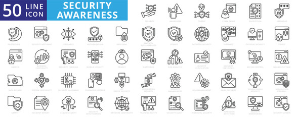 Security Awareness icon set with threat, cyber crime, encryption, password, protection, hacker, data breach and safety.