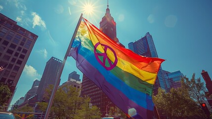 LGBTQA+ , LGBT :  A photo of a rainbow flag waving next to a peace sign, symbolizing LGBTQ+ pride and a message of unity.