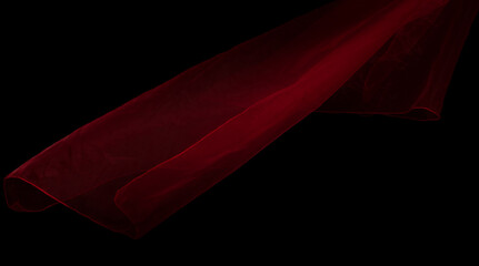 Red organza fabric flying in curve shape, Piece of textile Red organza fabric throw fall in air....