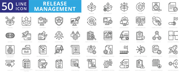 Release Management icon set with deployment, version, update, rollback, changelog, testing, devops and continuous integrity.