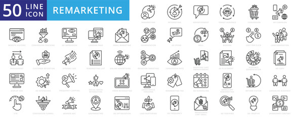 Remarking icon set with retargeting, advertisement, audience, conversion, ad campaign, website visitors and engagement.