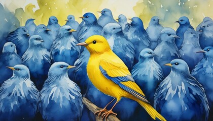 embracing authenticity courageous yellow bird standing out among conforming blue flock watercolor painting