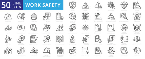 Work Safety icon set with hazard, risk, prevention, protection, accident, emergency, injury, first aid, evacuation and fire.