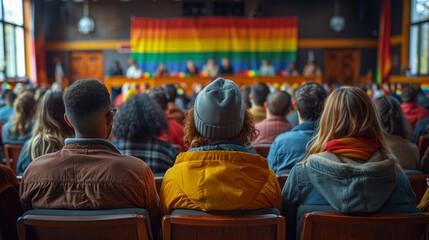 LGBTQA+ , LGBT :  A group of people participating in a panel discussion about LGBTQ+ issues at a Pride festival, promoting education and awareness.