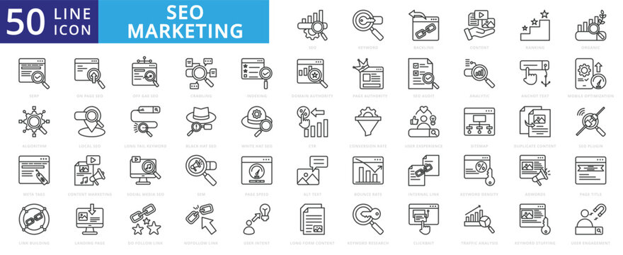 SEO Marketing icon set with keyword, backlink, content, ranking, organic, serp, algorithm, meta tags and link building.