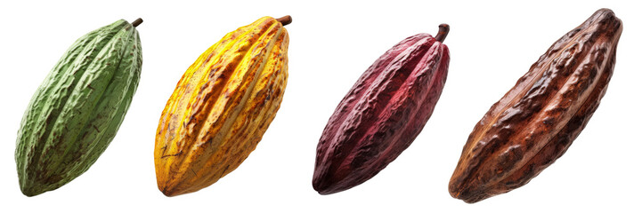 Set of whole, red and yellow ripe cocoa beans, isolated on a transparent background with a PNG cutout