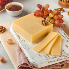 An appetizing piece of natural cheese on a wooden board with honey and grapes. Cream cheese. 