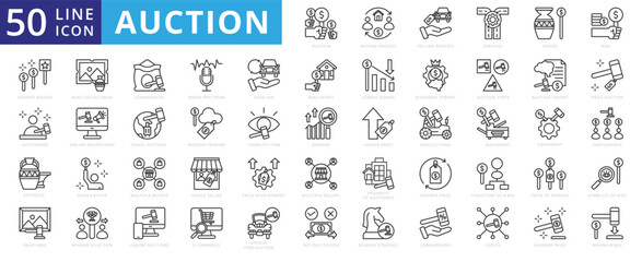 Auction icon set with buying process, selling, services, goods, bids, highest bidder, auctioneer and antiques.